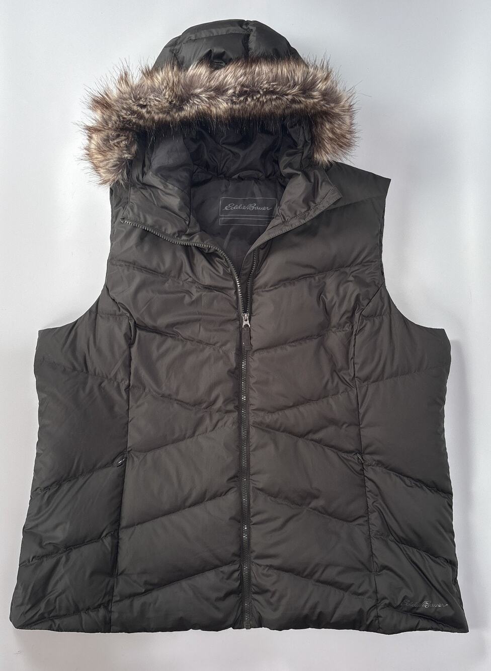 Puffer Vest DOWN FILL Eddie Bauer 2XL Charcoal Quilted Faux Fur Hooded Zip Up